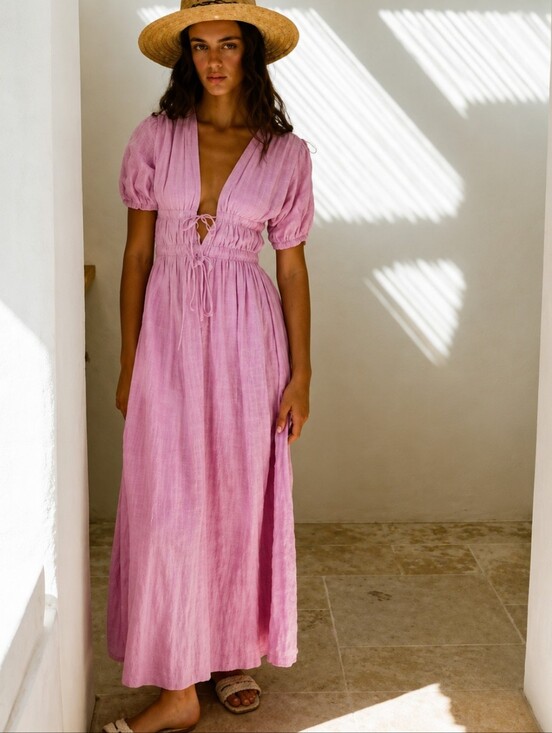 SABO Dresses & Skirts - SABO Pink Cotton Gauze Maxi Dress Open Back Tie Front Puff Sleeve Size S